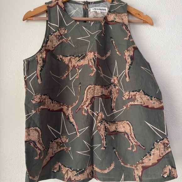 LAS SURENAS Leopard Jungle Boho Shirt Linen Cotton Green Size L - Picture 1 of 7